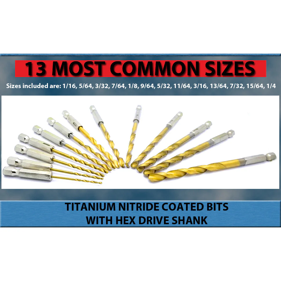 VETCO Titanium Nitride Drill Bit Set - 13 Pieces Hex Shank Quick Change Speed Lock Wood Plastic Aluminum - Image 7