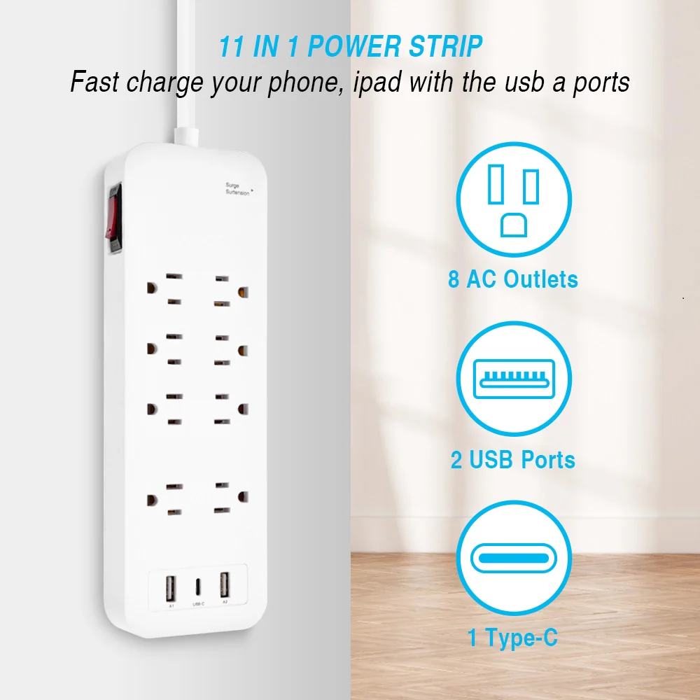 8 Outlet 3ft Cord USB Surge Protector - Image 3