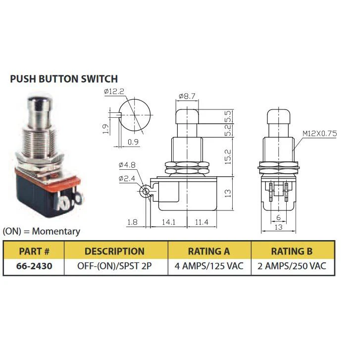 Momentary N/O Push Button Switch SPST 4A 125VAC - Image 2