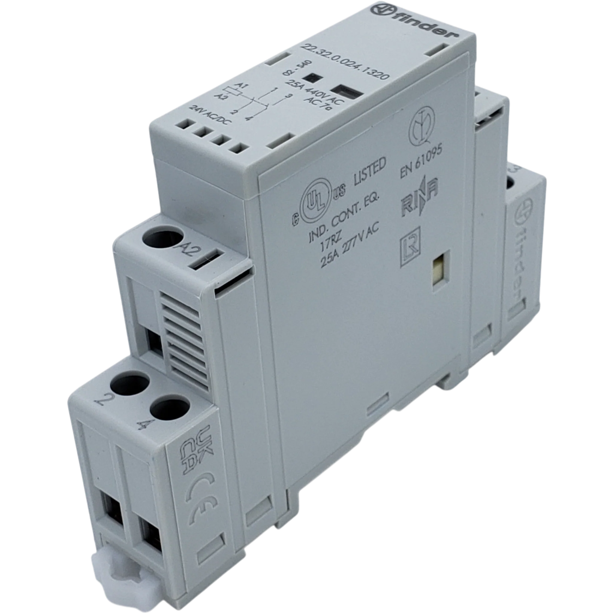 DPST-NO 2NO Contactor - 24V AC/DC Coil - 25A 250VAC Contacts - DIN Rail - Finder 22.32.0.024.1320