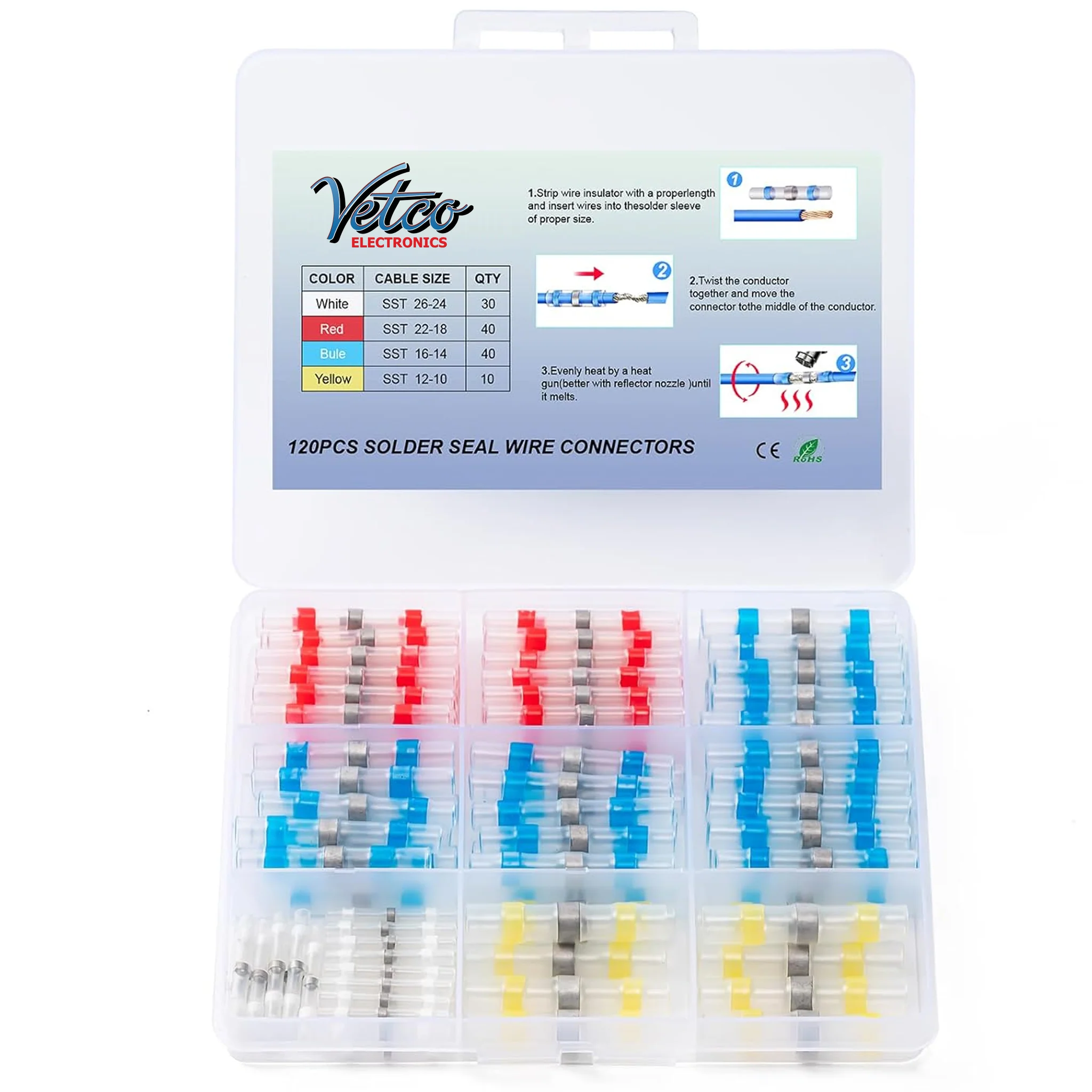 Heat Shrink Butt Connectors With Solder - Assortment - 120 Pcs