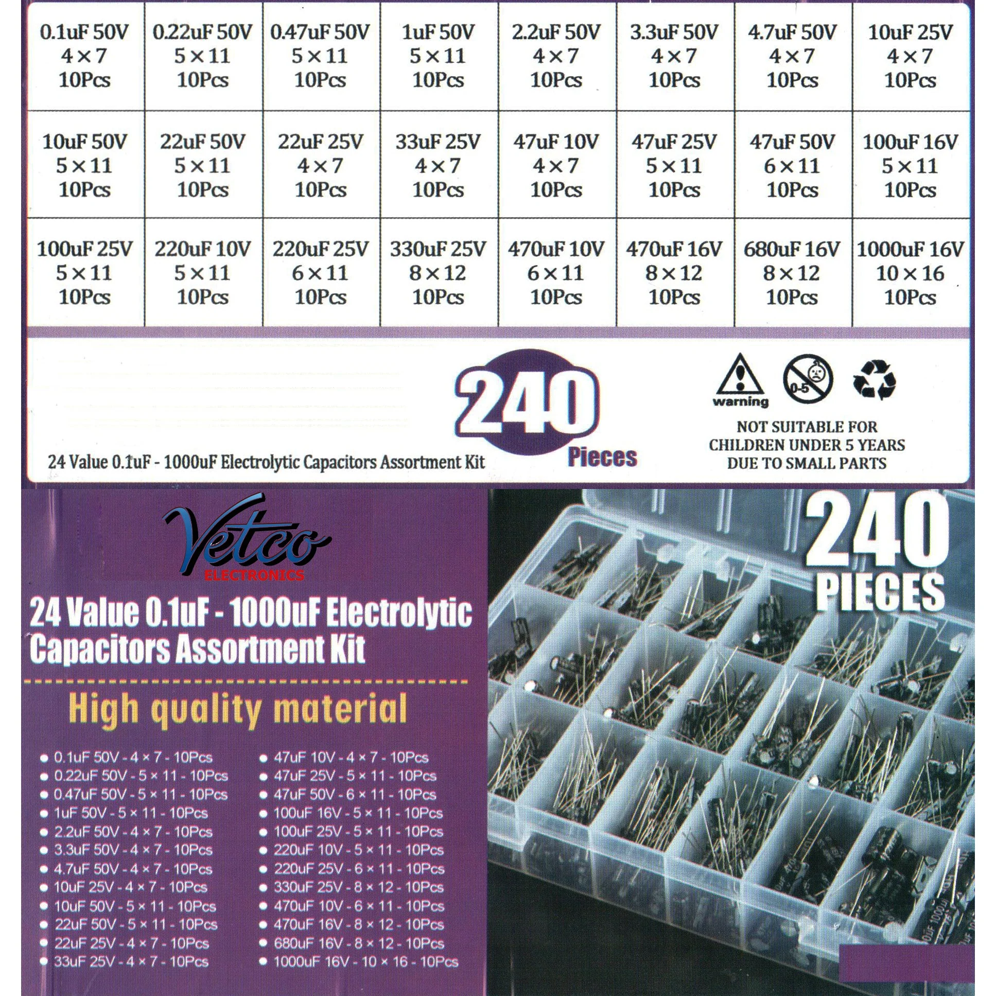 240 Piece Electrolytic Capacitor Assortment kit 24 Values