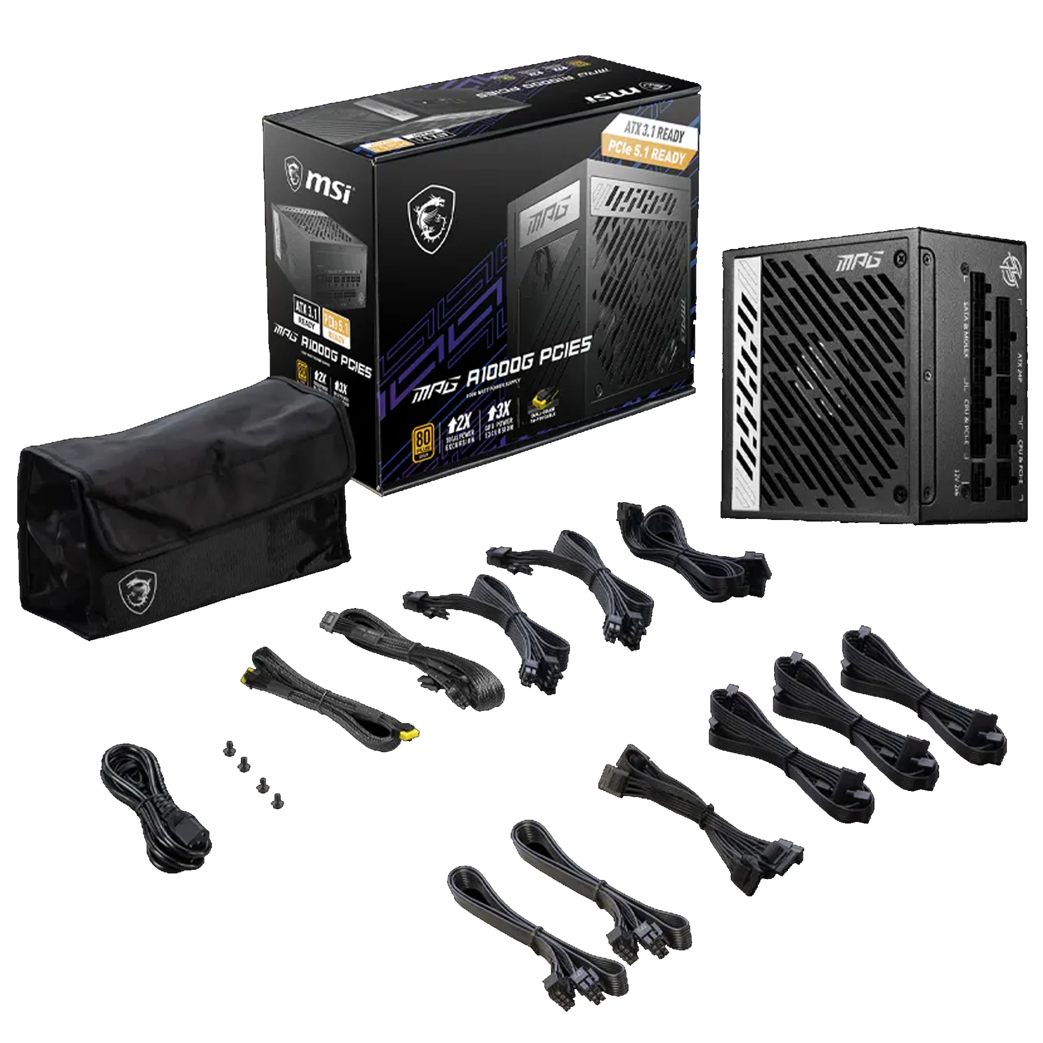 MSI MAG 1,000 Watt Desktop PC Power Supply - ATX 3.1 MPGA1000GPCIE5 MPG A1000G PCIE 5 1000 Watts APFC 80+ Gold Fully-Modular - Image 5