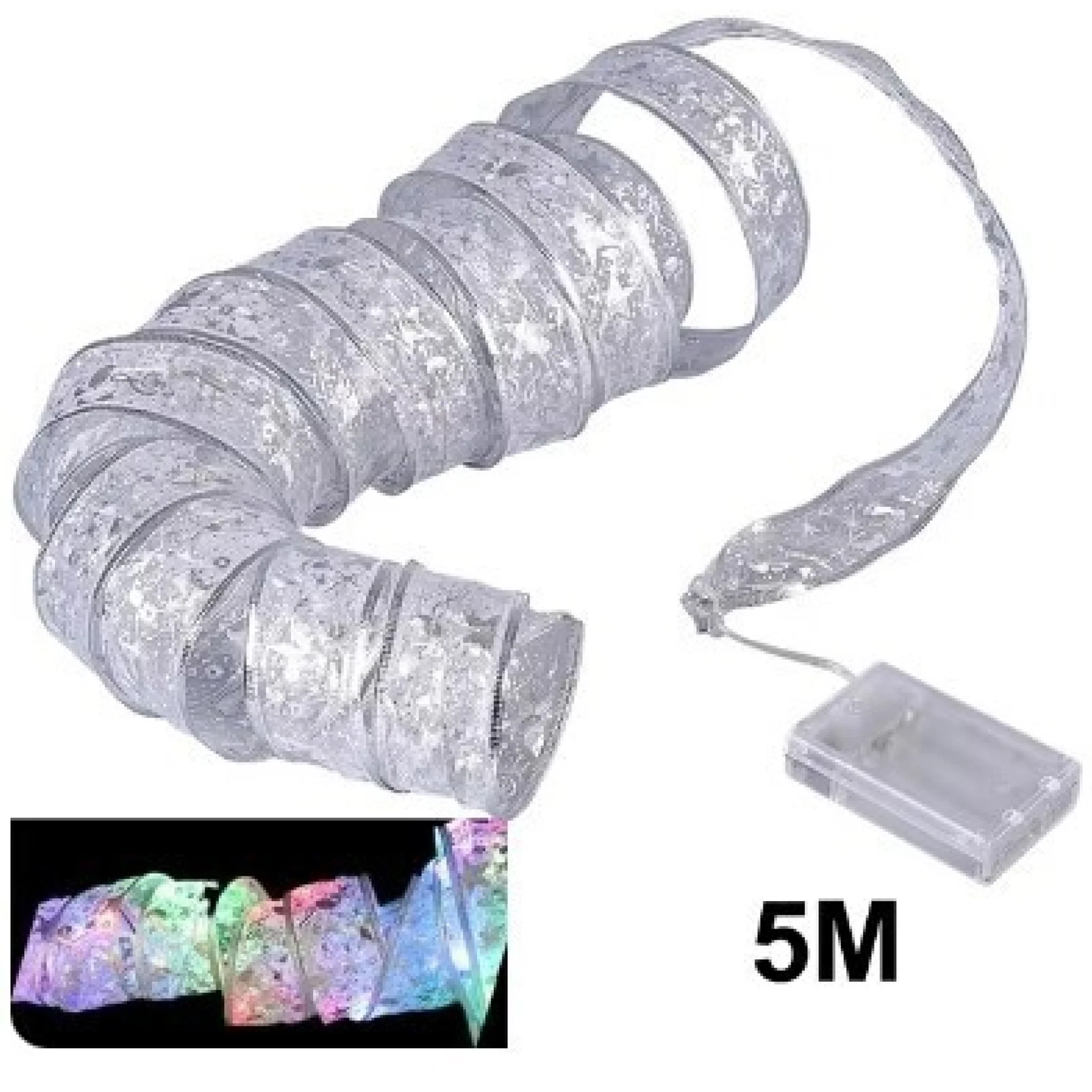 Silver Ribbon Christmas Decoration - Multi color LED Lights - 5M - 3AA Battery - Image 2