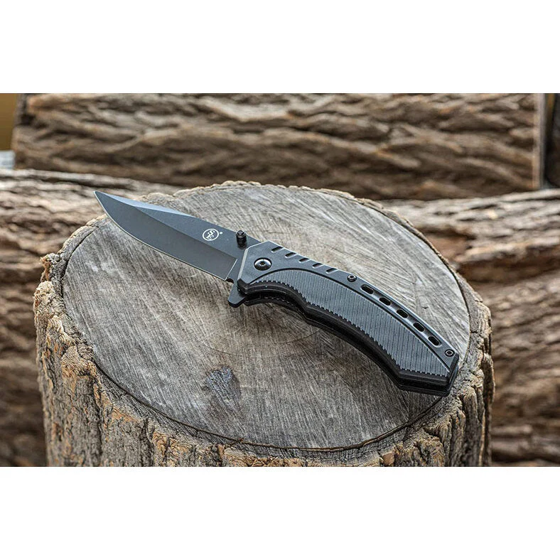 4.5" Spring Assisted Black Metal Blade/Body Pocket Knife With Clip - Image 4