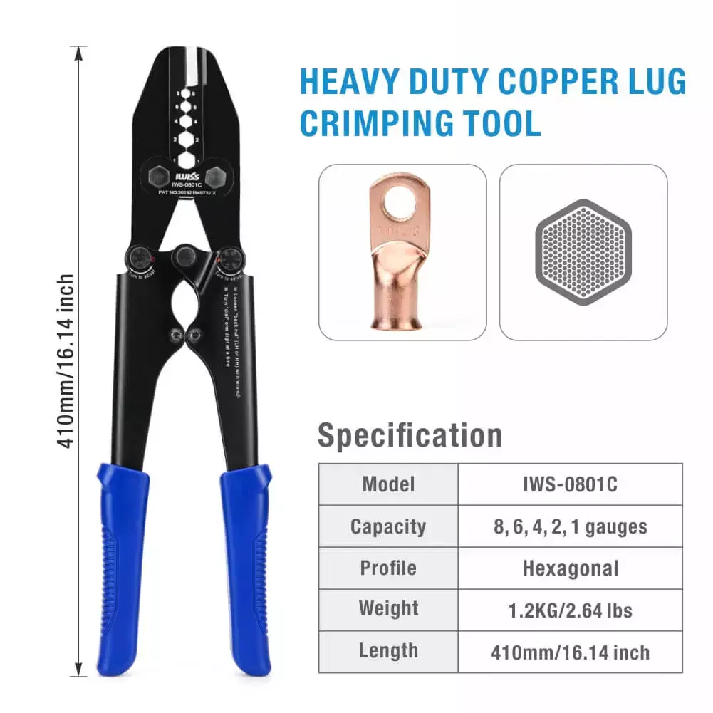 Large Battery Cable Lug Crimping Tool from AWG 8-1 with Built-in Cable Cutter 8ga- 1ga - Image 4