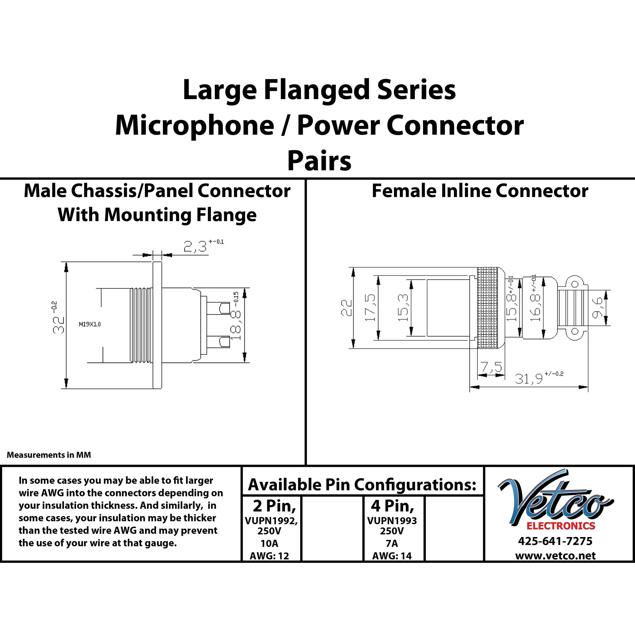 4 Pin Mic Connector Male/Female Pair - Large W/ Flange - 7A 250V M19 M20 - Image 8