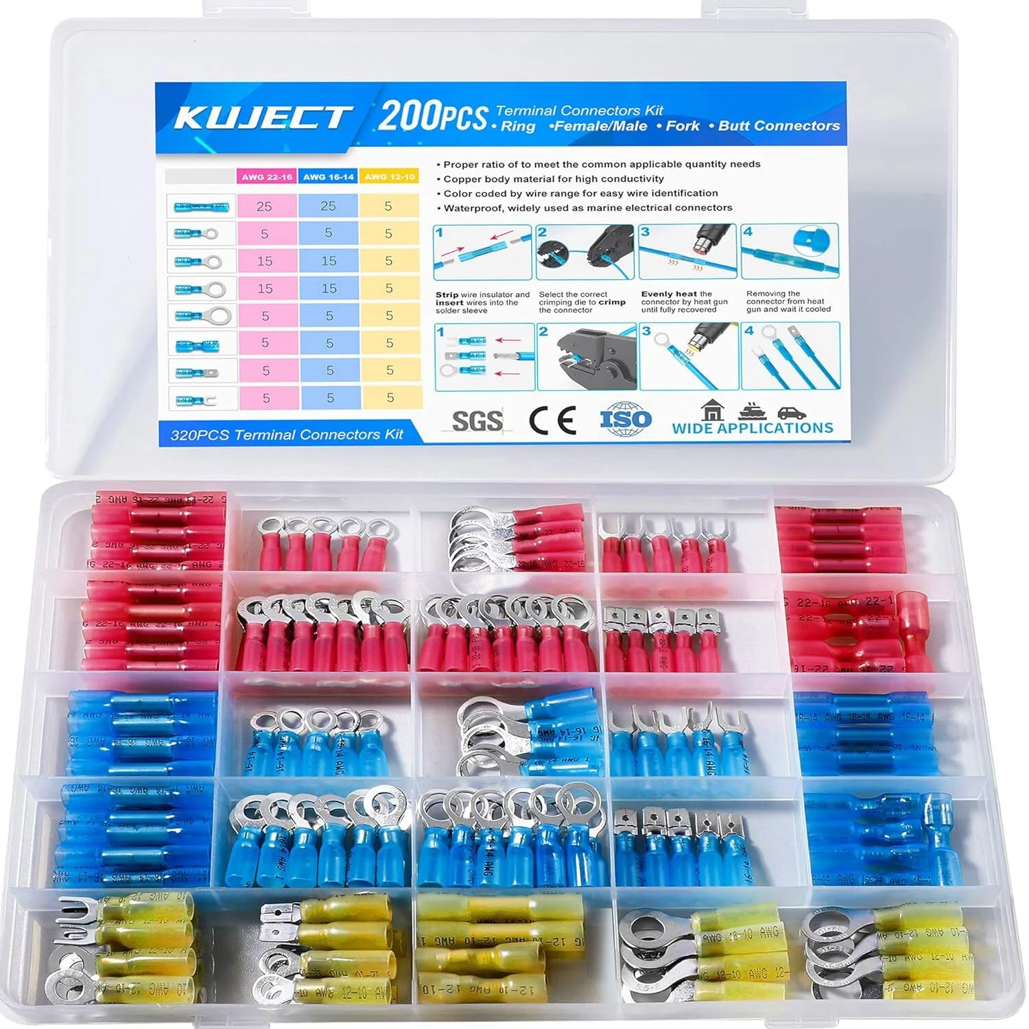 Heat Shrink Terminal Kit - 200 Pcs - Butt - Ring - Spade - Fork