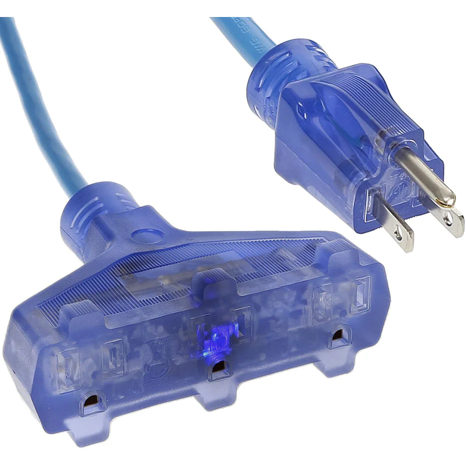 Three Outlet Power Strip Adapter - SJTW 14/3 Lighted Clear Blue Receptacle - Image 2